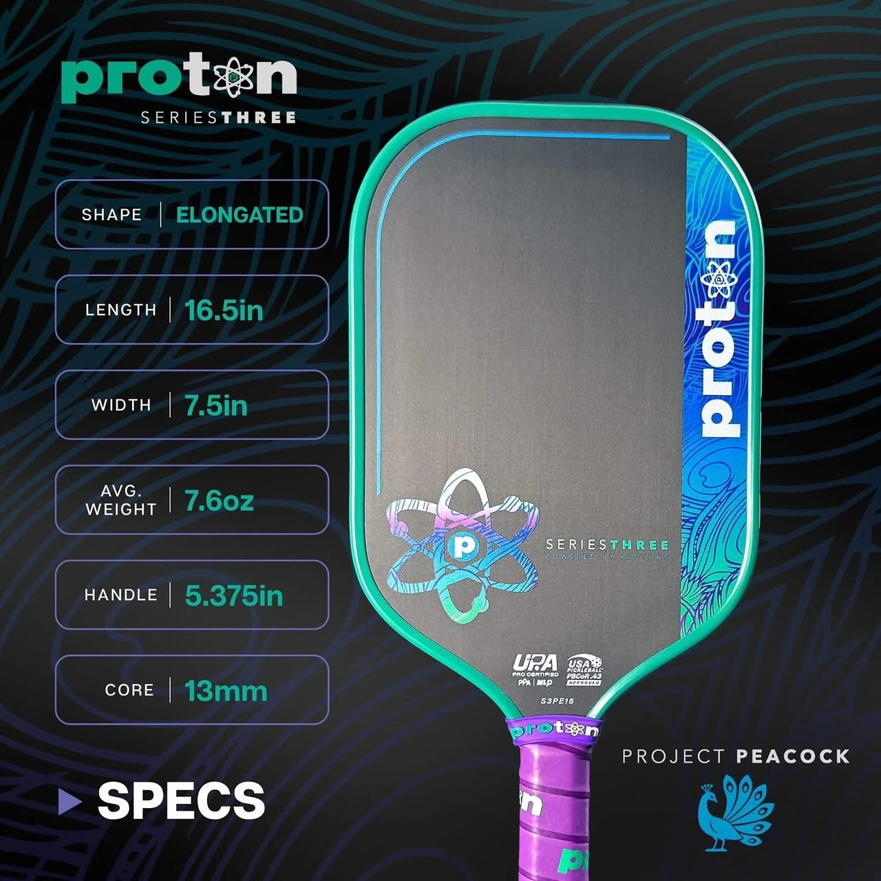 Alternative view of Vợt Pickleball Proton Series 3 Project Peacock Elongated